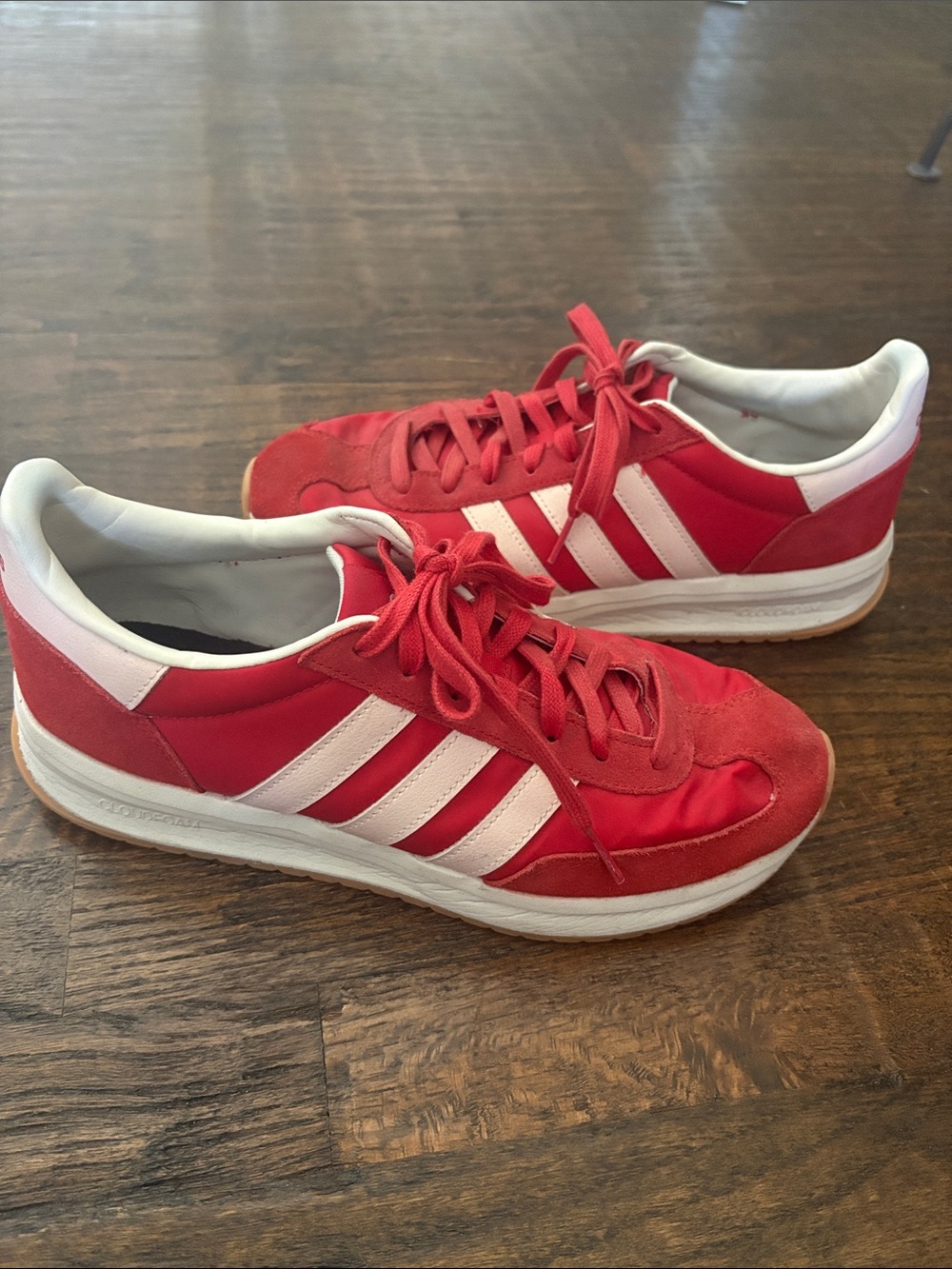 Adidas Women's Red Athletic Sneakers with White Stripes - Picture 2 of 5